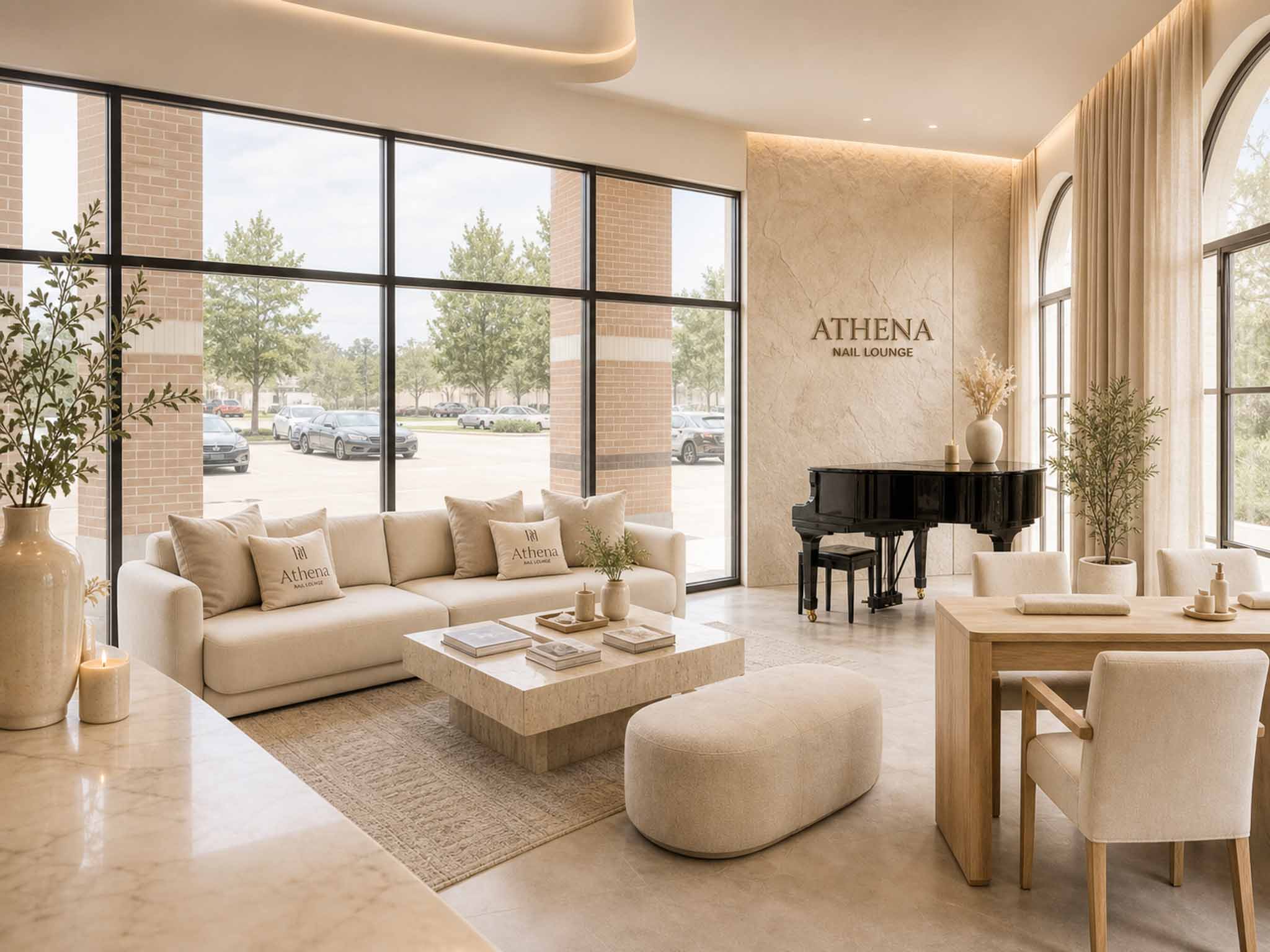 Front lounge rendered in Athena's clean-luxury style