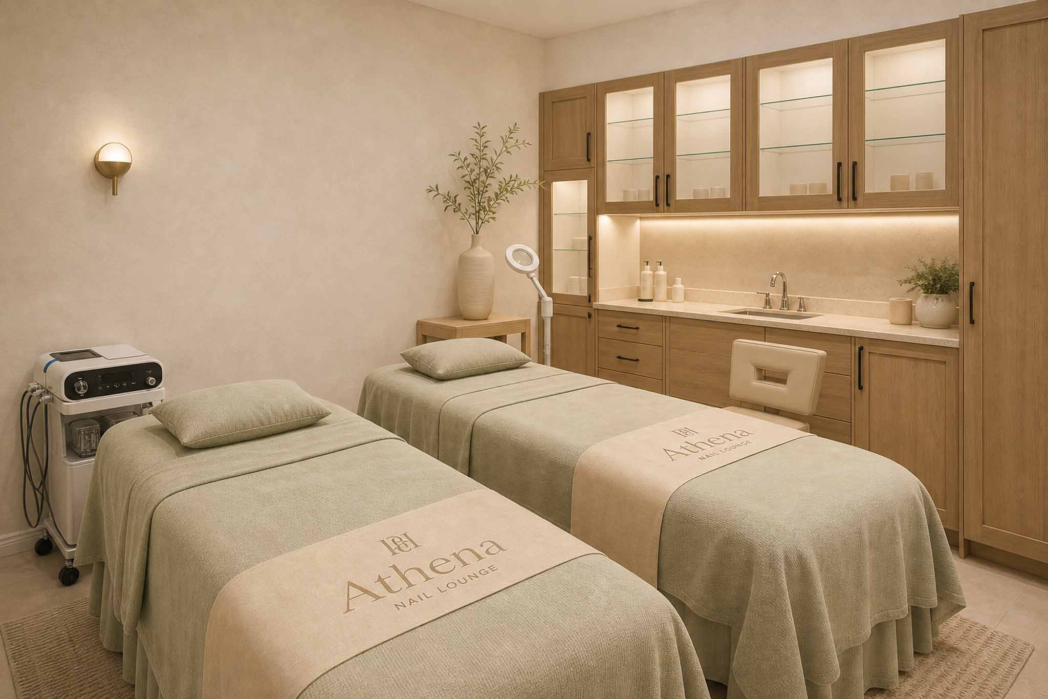 Facial treatment room rendered in Athena's clean-luxury style