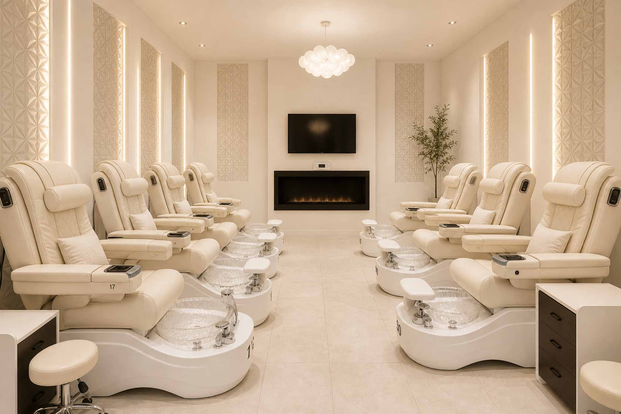 Athena pedicure room with a calm palette and softly illuminated seating