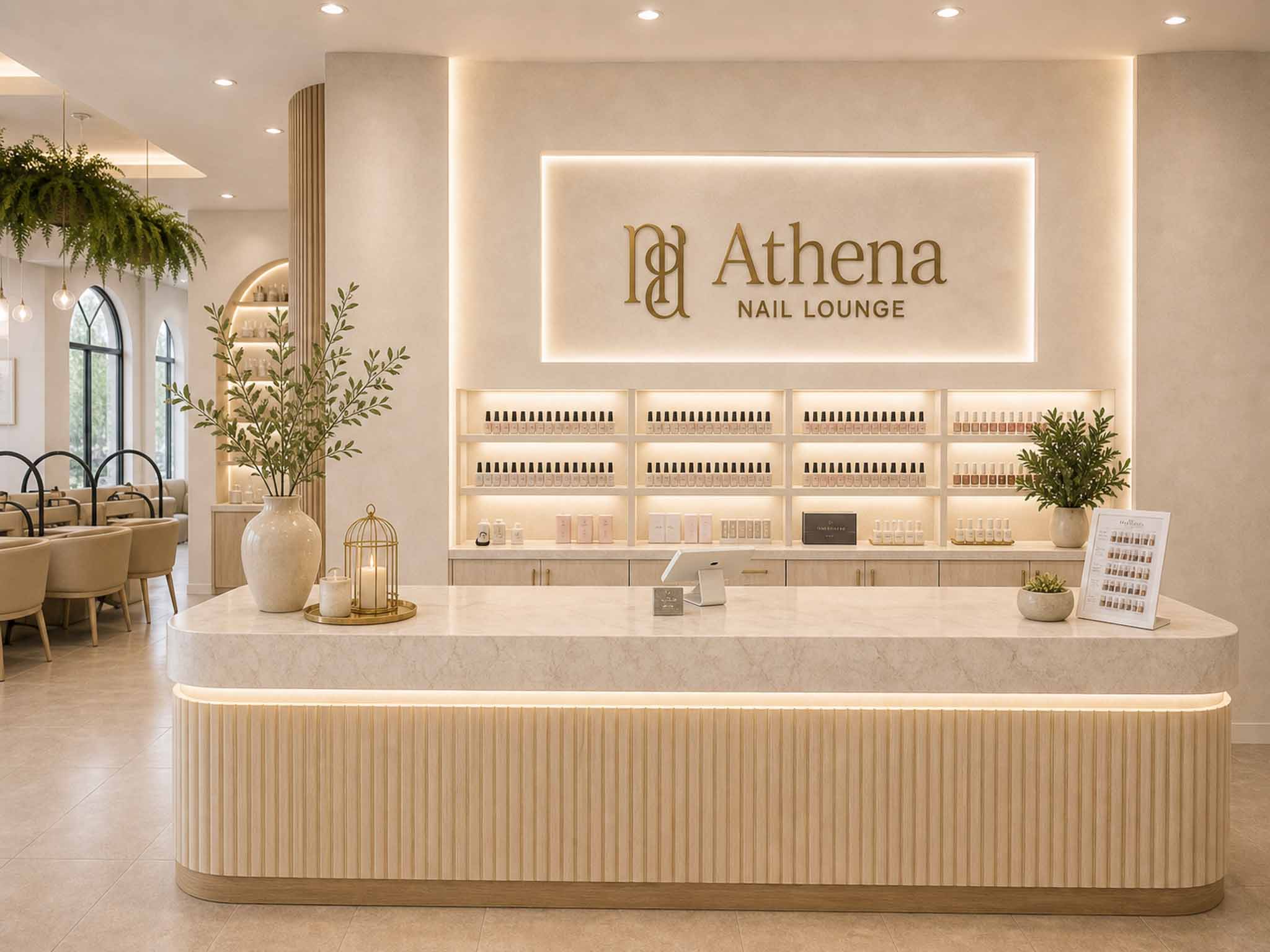 Athena reception desk framed with warm stone tones and soft natural light