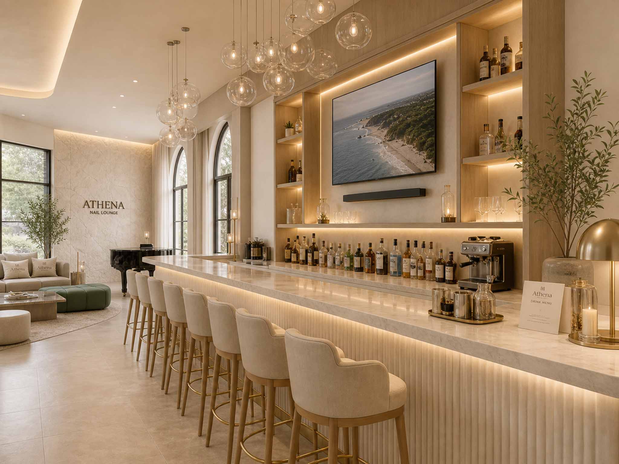 Athena hospitality lounge with sculptural seating and warm architectural glow